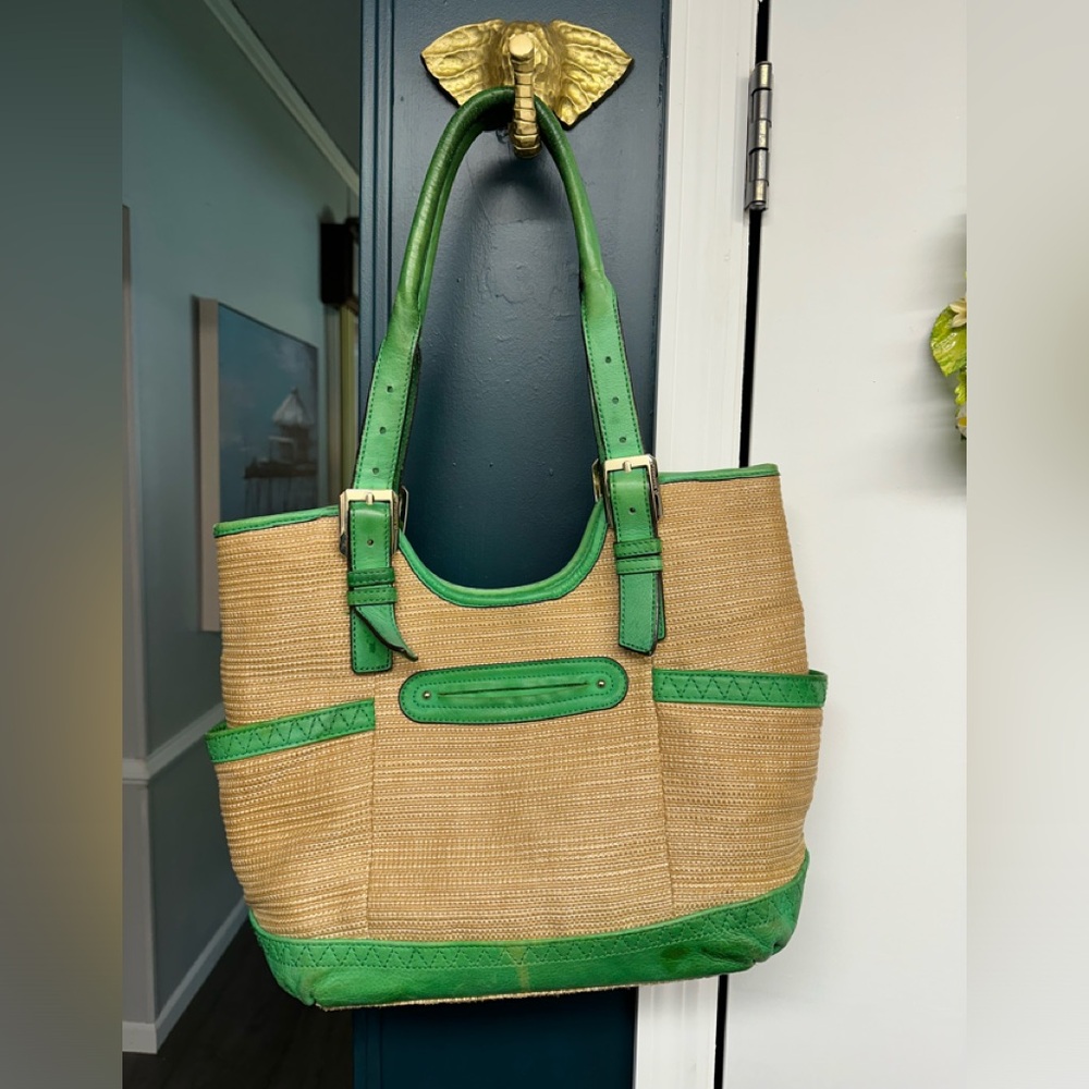 B Makowsky green leather and straw handbag/tote